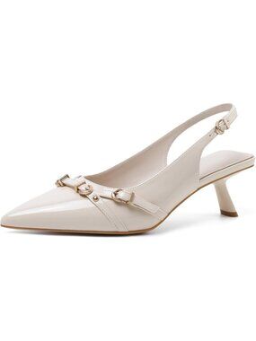 Women's Pointed Toe Patent Leather Beige Low Heel Slingback Heels Buckle Shoes
